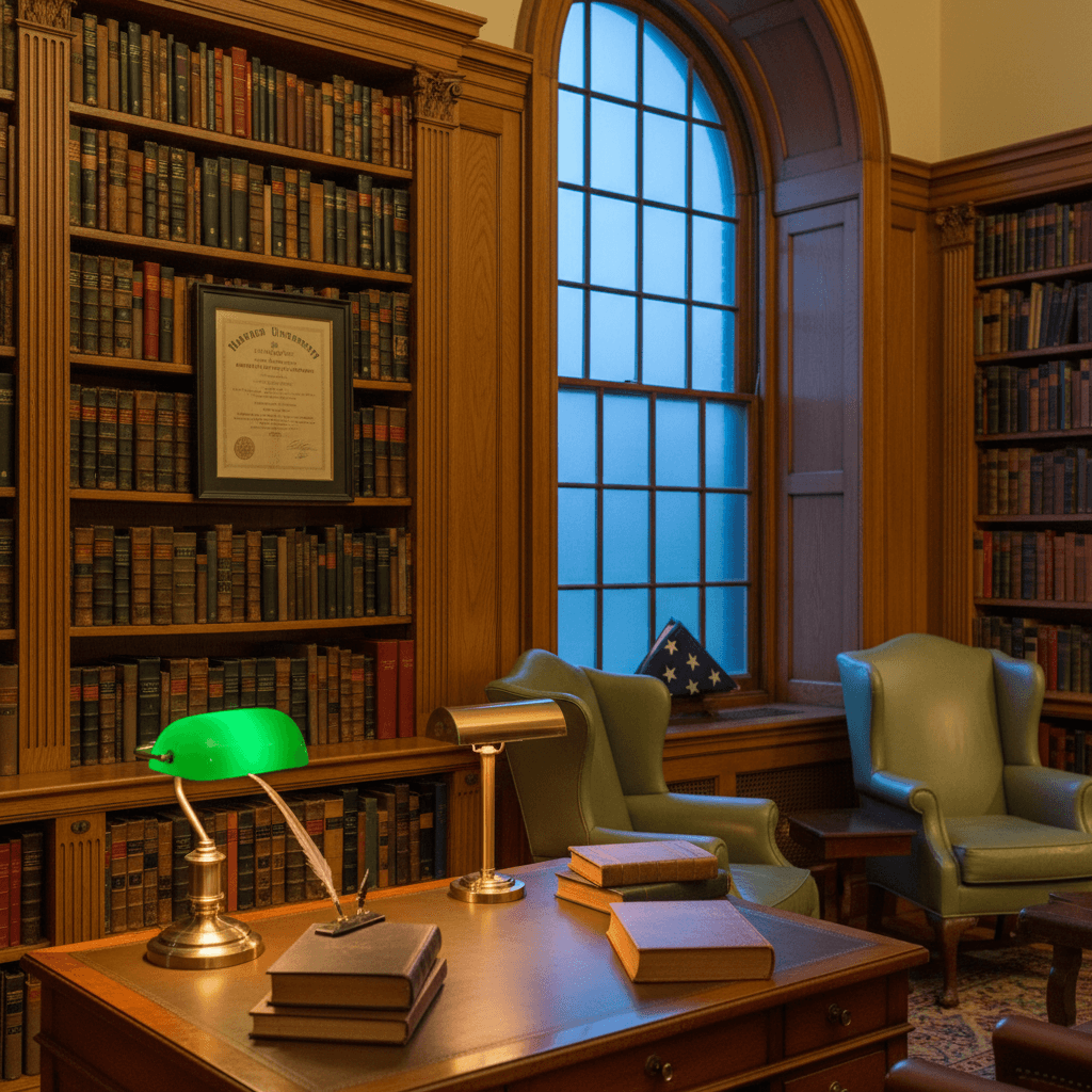 Historic academic study with leather-bound volumes and warm lamplight